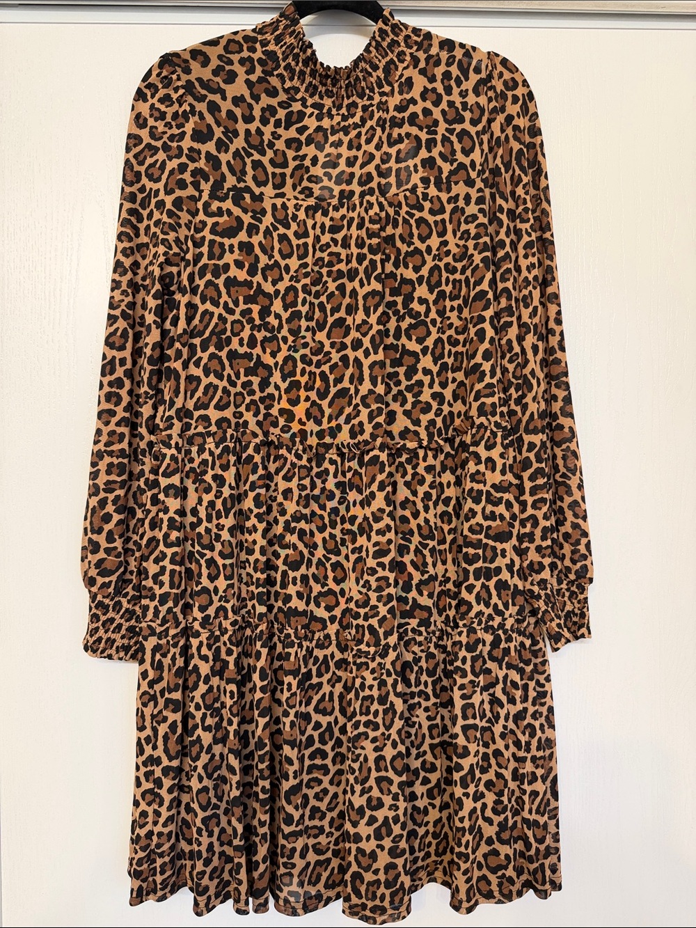 Leopard Print Tiered Long Sleeve Dress Midi Dress - Brown/Black